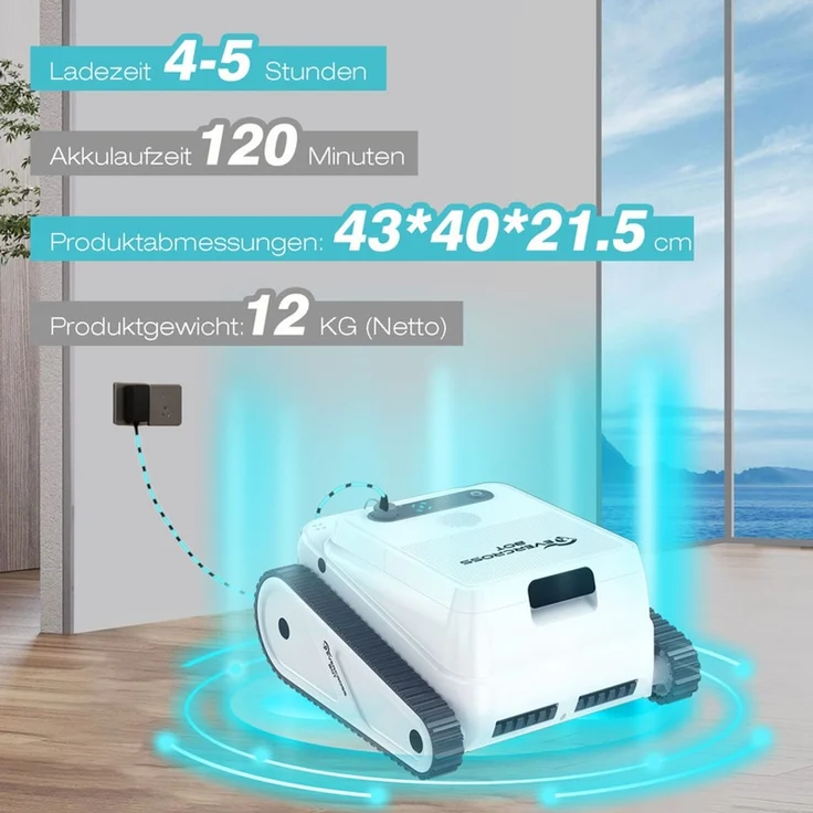 EVERCROSS BOT U8 Poolroboter Wand und Boden, Intelligenter Navigation, 120 Min Akkulaufzeit, Kabellos Poolsauger bis 200m² Pools (Weiß) – Bild 7