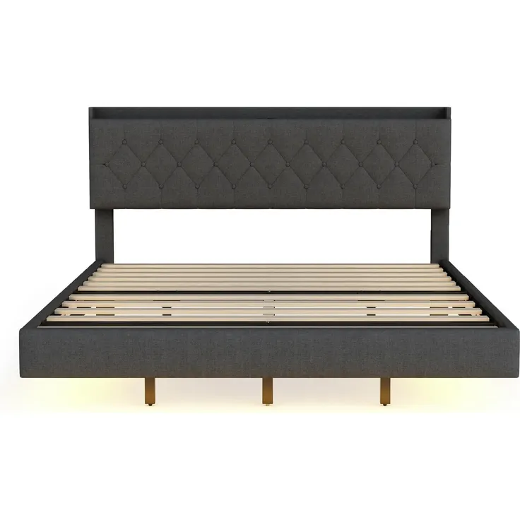 Polsterbett in schwebender Optik, Doppelbett mit Stauraum, Lattenrost und LED-Beleuchtung, 160x200 cm, Leinenbezug – Bild 2