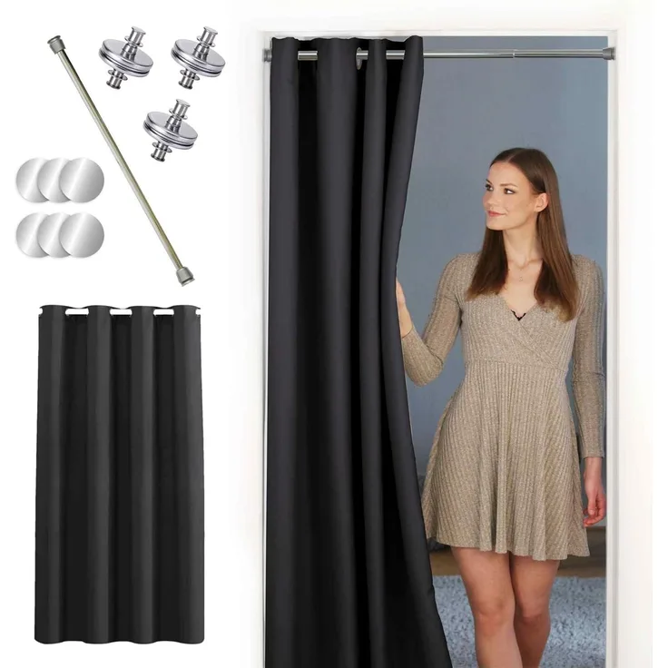 tinycurtains Türvorhang mit Stange silber 55-90 cm ohne Bohren, Thermo Vorhang Tür, Ösen, abdunkelnd, Polyester, blickdicht, Schwarz Eclipse, Türgardine mit Klemmstange verdunkelnd
