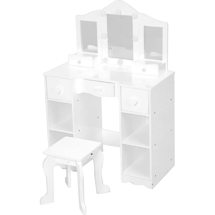 GarveeLife Schminktisch für Kinder, Schminktisch mit Hocker, 3 LED-Spiegel und 5 Schubladen, Schminktisch aus Holz für kleine Mädchen 3 bis 6 Jahre – 70 x 34 x 100 cm, Weiß