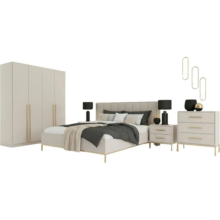 Deine Möbel 24 Komplettschlafzimmer Schlafzimmer-Set B MIRELO in Cashmere, (Set, 5-tlg, goldfarbene Griffe und Füße), mit Bett 160x200 cm, Kleiderschrank 200 cm, Kommode & 2 Nachttischen