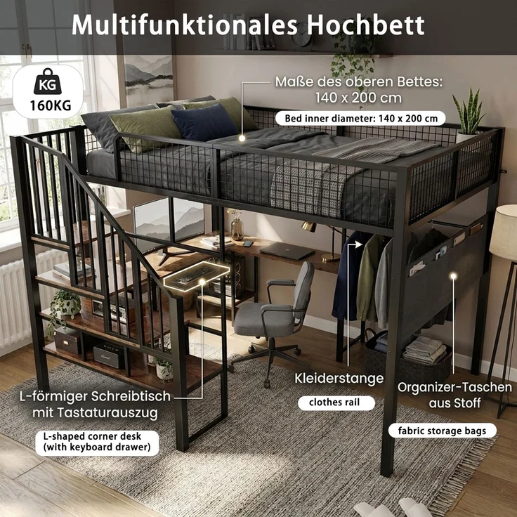 EINHOM Metallbett 140 x 200 cm in Schwarz, Hochbett mit L-förmigem Eckschreibtisch, Treppe, Tastaturauszug, Ladeanschluss und seitlicher Stofftasche (Ohne Matratze) – Bild 6