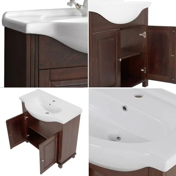 Lomadox Badmöbel-Set AVEIRO-56, (Spar-Set, 5-St), inkl. 65 cm Keramik-Waschbecken Pinie Massivholz braun 226/180/44 cm – Bild 3