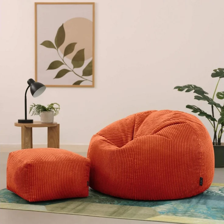 Icon Kingston Sitzsack mit Hocker Cord, Terrakotta, Sitzsack Erwachsene mit Füllung, Bean Bag, Cord Sessel, Lounge Sessel, Lounge Stuhl, Schlafzimmer, Wohnzimmer, Wohnzimmer Möbel – Bild 3