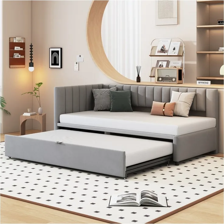 Odikalo Schlafsofa Polsterbett Ausziehbar 90/180*200cm Lattenrosten Samtstoff Beige/Grau