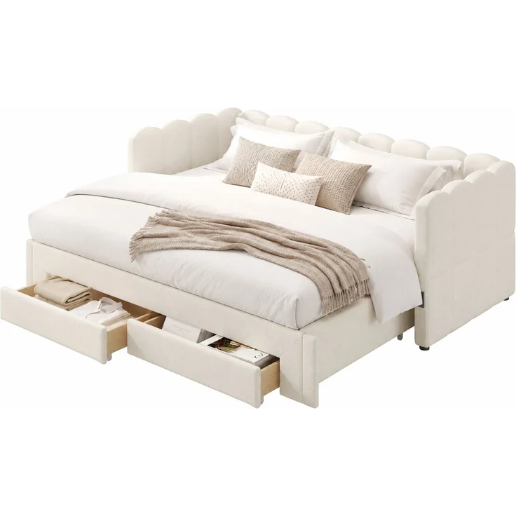 CHICFURN Bett aus Leinen Beige 90/180x200 cm mit 2 Schubladen und USB- und Type-C-Anschlüssen – Bild 7