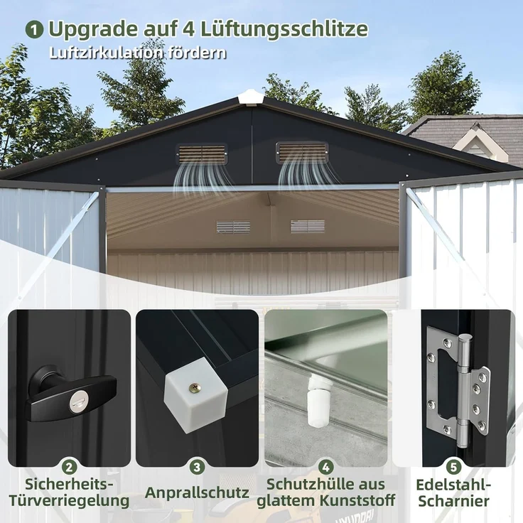 Aoxun Großes Gerätehaus aus Metall 235x171x196cm, wetterfestes Gartenhaus mit Doppeltür & Satteldach, abschließbarer Geräteschuppen für Garten, Hinterhof, Terrasse,Schwarz – Bild 5