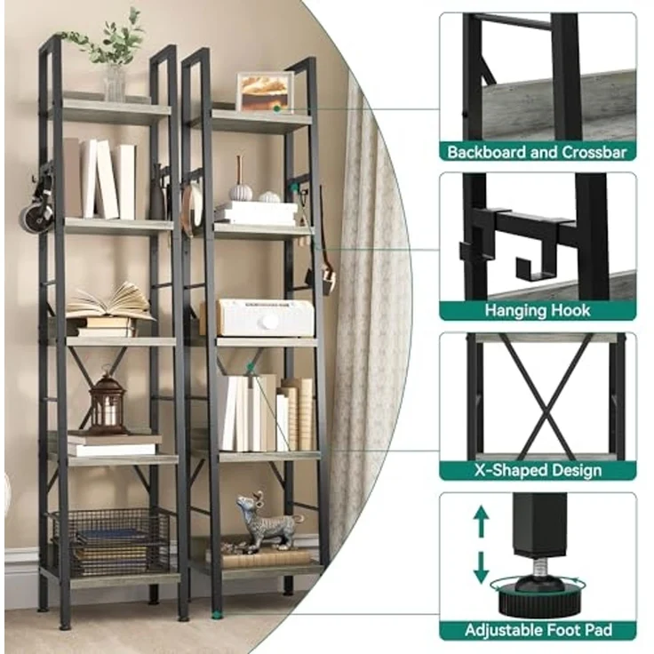 YITAHOME Schmal Bücherregal mit 5 Ebenen 35 cm Breit, Industrielles Leiterregal Standregal Holzregale und Metallrahmen, Modernes Regal für Wohnzimmer, Graues – Bild 4