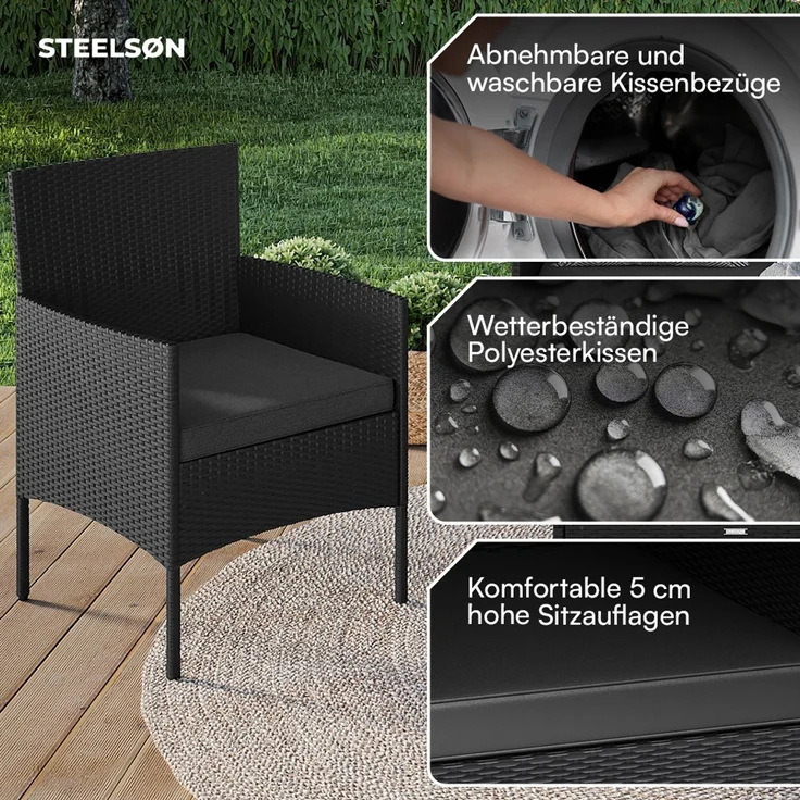 STEELSØN 'Thalora' Gartenlounge Set, 4-tlg. Sitzgruppe mit Sofa, 2 Stühlen und Tisch, inkl. Kissen, schwarz/anthrazit, aus Polyrattan – Bild 4