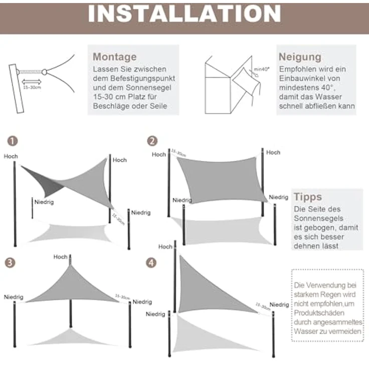 AXT SHADE Sonnensegel Wasserdicht Quadratisch 3x3 m Wetterschutz Sonnenschutz PES Polyester mit UV Schutz für Terrasse Balkon Garten-Taupe – Bild 6