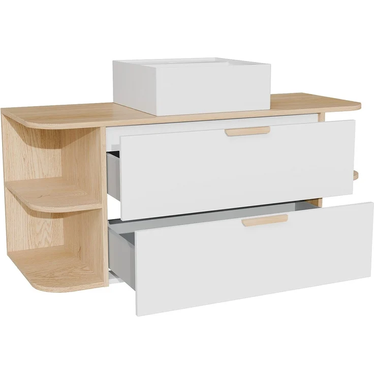 Vente-unique - Waschbeckenschrank hängend mit Nischen und quadratischem Aufsatzwaschbecken - Weiß und Naturfarben hell - B120 cm AVORELI – Bild 5