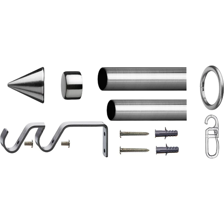 Stilgarnitur in Edelstahl ausziehbare Gardinenstange Einzelstangen Doppellaufstangen Cafehausstange-Set inkl. Zubehör und Montage-Anleitung, schlicht und modern in vielen verschiedenen Ausführungen erhältlich Palma (Doppellauf) 120-230cm ausziehbar – Bild 4