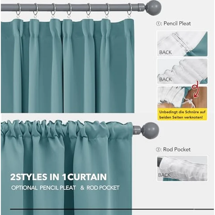Deconovo Blickdichte Vorhänge mit Kräuselband Gardinen UV-Schutz Himmelblau | 2er Set, H 175 x B 140 cm, Thermal Curtains, Schlafzimmer Gardinen, Schlafzimmer Vorhänge, für gegen Hitze, UV-schutz – Bild 5