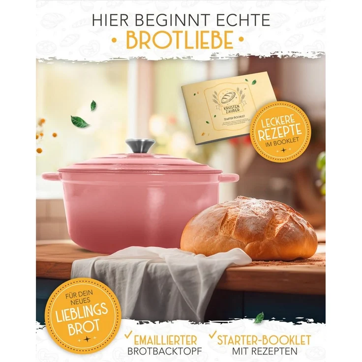 Krustenzauber Kasserolle Gusseisen Topf als Kochtopf, Schmortopf oder Brotbackform – Bild 2