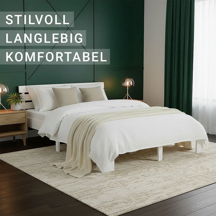 Holzbett mit Federkernmatratze 140x200 Weiß Jugendbett Doppelbett Bett Holzbettrahmen Massiv Holz Lattenrost – Bild 6