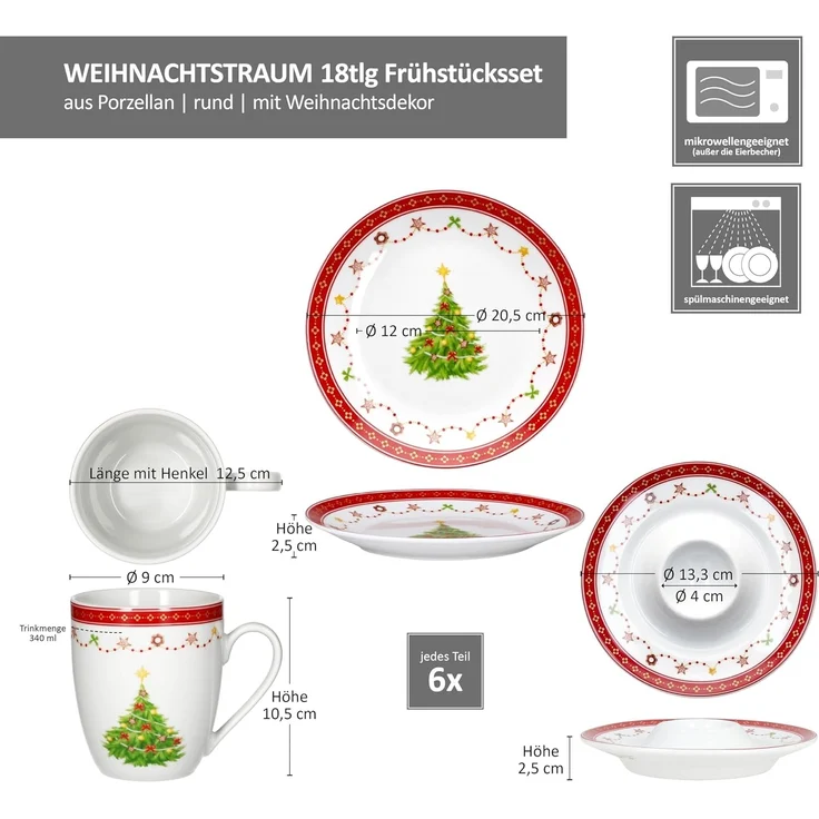 18tlg Frühstücksset Weihnachtstraum Porzellan 6 Pers. Teller Becher Eierbecher – Bild 5