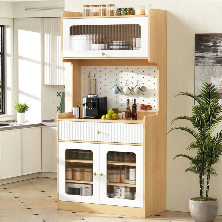 EINHOM Highboard mit verstellbaren Regalböden und Schubladen, Küchenschrank mit LED-Beleuchtung und Riffelglas, Ideal für Esszimmer, Wohnzimmer und Küche (Natur) – Bild 5
