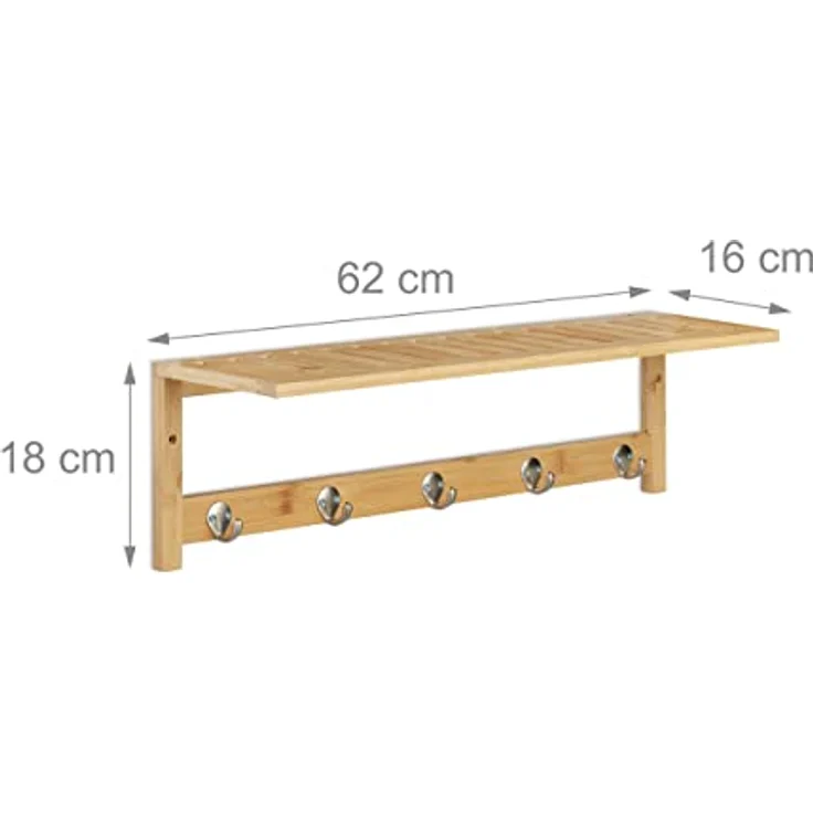Relaxdays Wandregal mit Hakenleiste, hellbraun, aus Holz und Metall, 62x18x16 cm, ideal als Garderobe oder Handtuchhalter – Bild 4