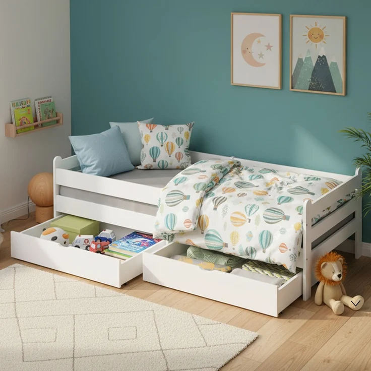 Bellabino 'Kuru' Kinderbett 90x200 cm mit 2 Schubladen, weiß, Jugendbett mit Rausfallschutz und Lattenrost – Bild 1