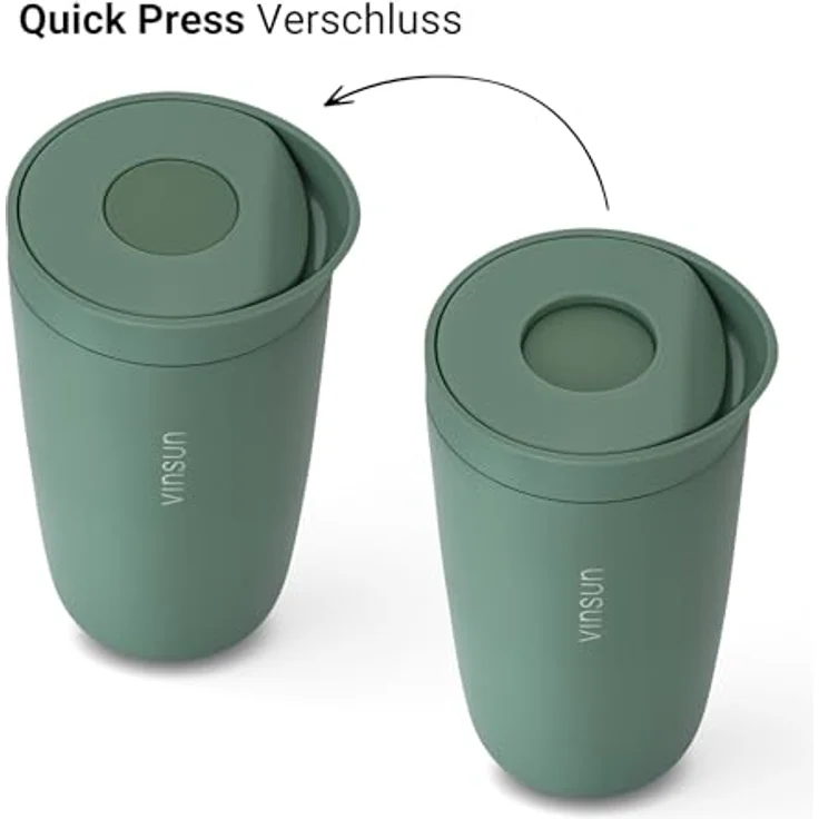 Vinsun Thermobecher Edelstahl Isolierbecher 350ml - Kaffeebecher to Go auslaufsicher, 2-tlg, Edelstahl, Doppelwandig, BPA frei, bruchfest, Einhandbedienung per Knopfdruck – Bild 4