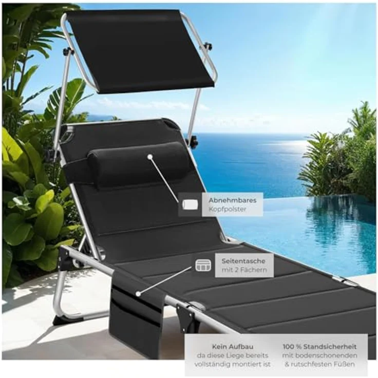 tectake® Sonnenliege mit Dach, Liege klappbar mit Kopfkissen + Seitentasche, zusammenklappbar, leicht tragbar, Strandliege, Liegestuhl klappbar für Garten, Sonnenliege Camping - schwarz – Bild 5