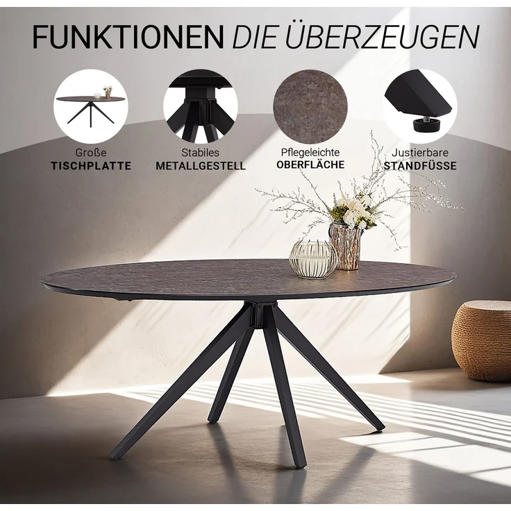 Esstisch mit 4 Stühlen Set Essgruppe Polsterstühle Drehbar Bouclé Leder Braun Esszimmertisch Oval Metall Schwarz – Bild 7