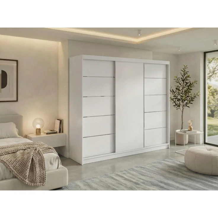 Moderner Schwebetürenschrank MACEDONIA, Kleiderschrank in Weiß Color, Breite 240 cm, minimalistisches Design, Inkl. Innenausstattung