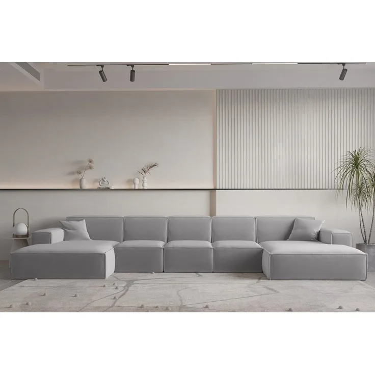 Wohnlandschaft U-Form CELES PREMIUM XL in Stoff Opera Velvet Hellgrau