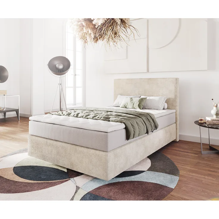 Boxspringbett Dream-Well 120x200 cm Cord Beige mit Taschenfederkernmatratze und Topper Visco