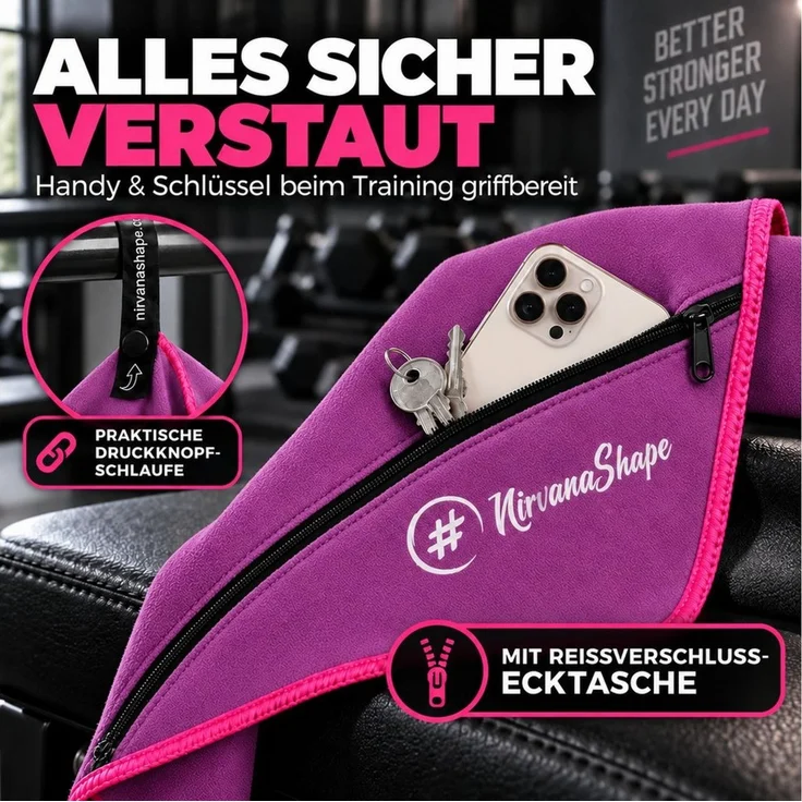 NirvanaShape Sporthandtuch NirvanaShape Mikrofaser Fitnesshandtuch mit Ecktasche und Knöpfen, saugfähig, leicht, schnelltrocknend, für Reisen, Fitness, Yoga, Sauna – Bild 3