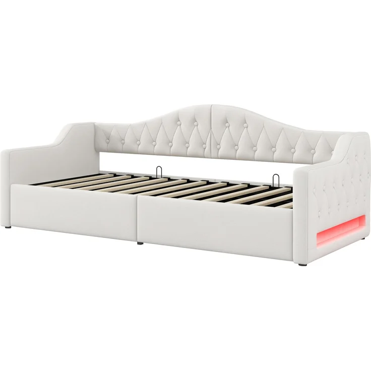 Gepolstertes 90x200 Tagesbett mit LED-Gürtel und Stauraum darunter, Beige – Bild 7