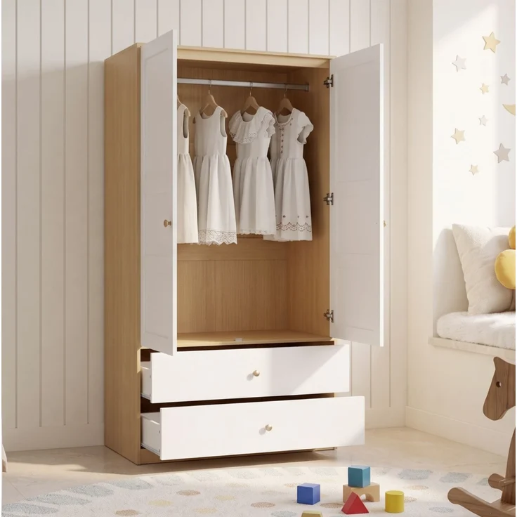 CHICFURN Kleiderschrank 100x180x48 cm aus MDF mit 2 Türen und 2 Schubladen – Natural/Weiß – Bild 2