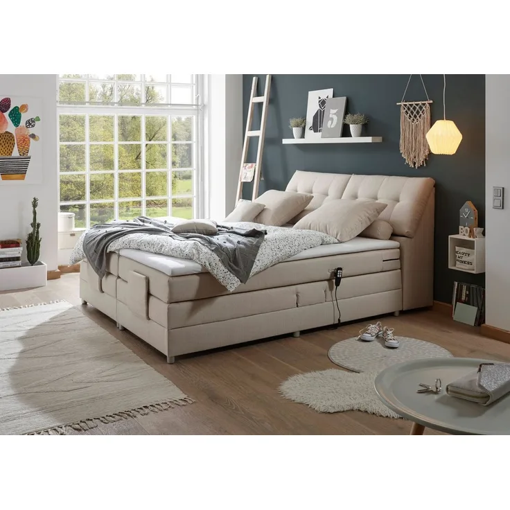 Concord 2 Boxspringbett 180x200 elektrisch verstellbar, Creme - Bequemes Doppelbett mit dekorativer Steppung & Komfortschaum Topper - 180 x 110 x 234 cm (B/H/T)
