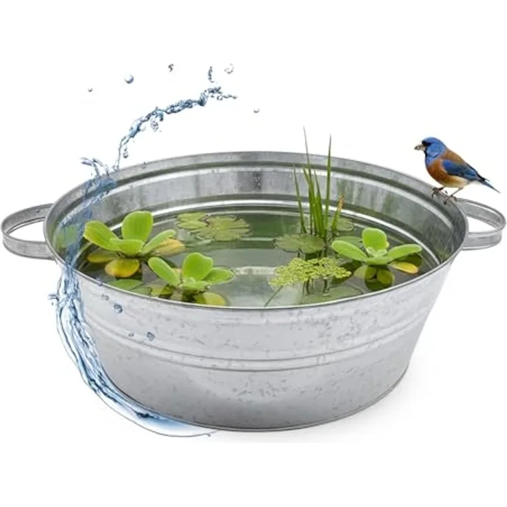 Spetebo Pflanzschale Metallwanne verzinkt mit Griffen (silber, 1 St, Ø 40 cm), Metall Gartenteich Wanne silber verzinkt