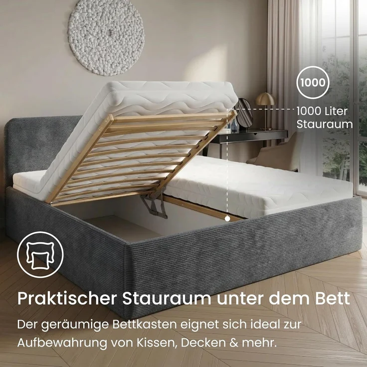 Home Collective Polsterbett Bett mit Stauraum, verstellbarem Lattenrost, viele Größen (Größen: 100x200 120x200 140x200 160x200 180x200 200x200, hochwertiger Kordstoff, made in Germany), wählbare Matratze Federkern oder Kaltschaum, Anthrazit – Bild 3