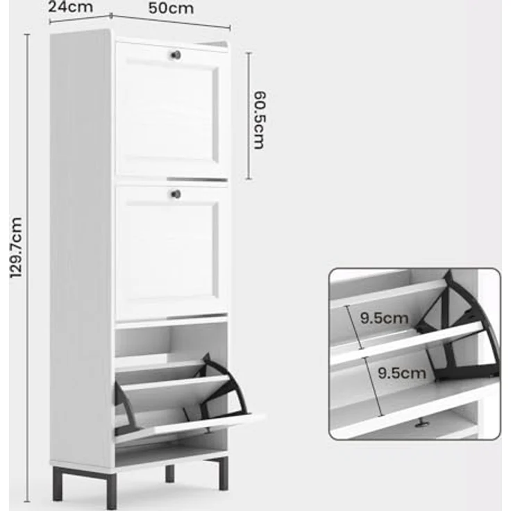 Bealife Schuhregal mit 3 Klapptüren, doppelte Tiefe, schmaler Organizer für den Eingang, 50 x 118 x 24 cm, für Flur, Schlafzimmer (weiß) – Bild 4