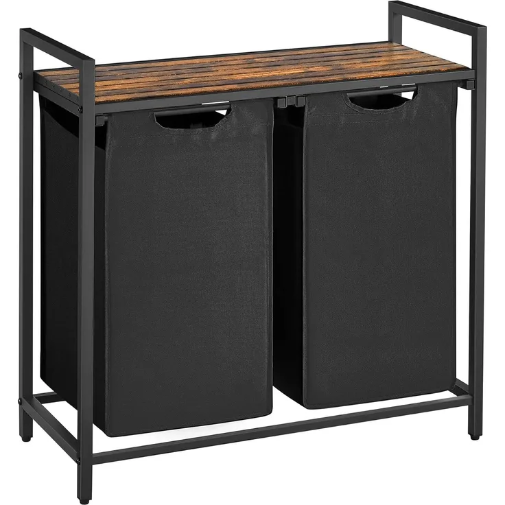 VASAGLE Wäschekorb 2 Fächer, Wäschesammler mit Ablage, Wäschebox, Wäschesack aus Oxford-Gewebe ausziehbar abnehmbar, Metallrahmen, 2 x 46 L, 73 x 33 x 72 cm, vintagebraun-schwarz BLH201B01
