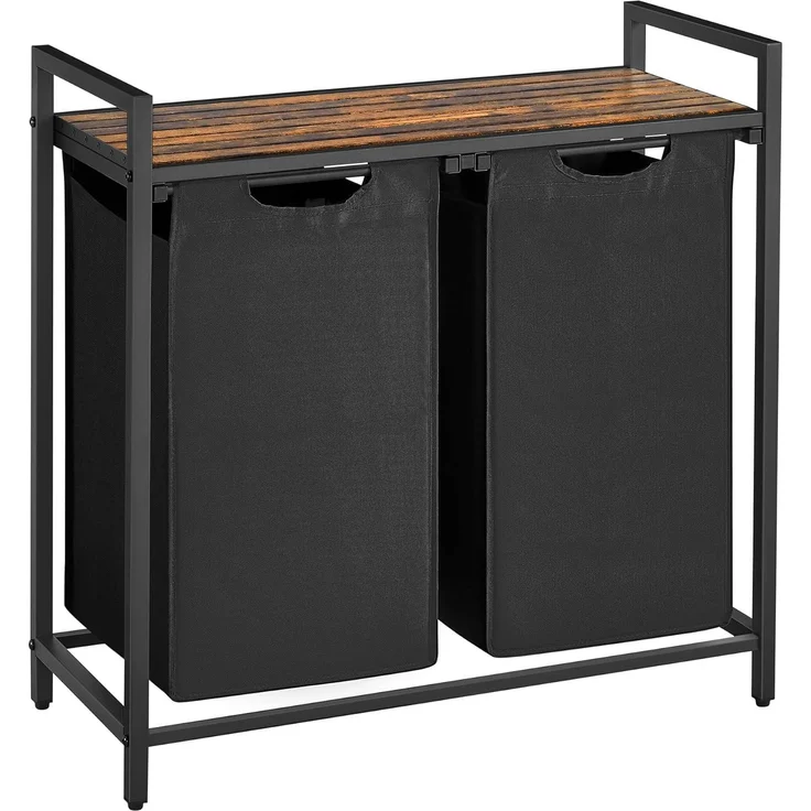 VASAGLE Wäschekorb 2 Fächer, Wäschesammler mit Ablage, Wäschebox, Wäschesack aus Oxford-Gewebe ausziehbar abnehmbar, Metallrahmen, 2 x 46 L, 73 x 33 x 72 cm, vintagebraun-schwarz BLH201B01 – Bild 1