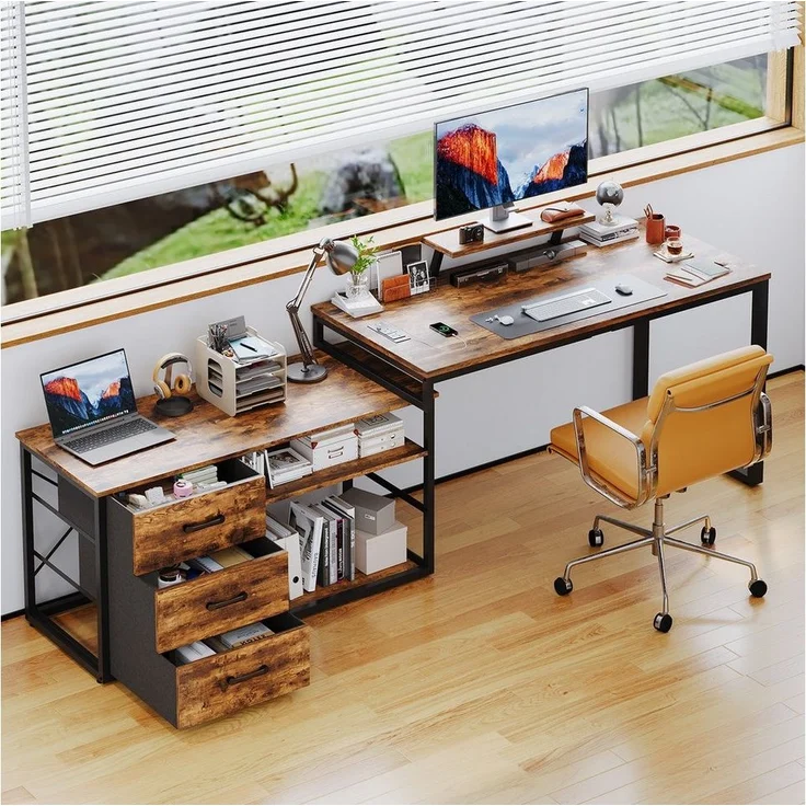 Furnicopia Eckschreibtisch 140cm mit Monitorarm, Computertisch mit drehbarer Tischplatte (Flexibel und schwenkbar, mit Steckdosen (2 Steckdosen + 2 USB-Anschlüsse), 3 großen Schubladen, 2 Ablageflächen) – Bild 2