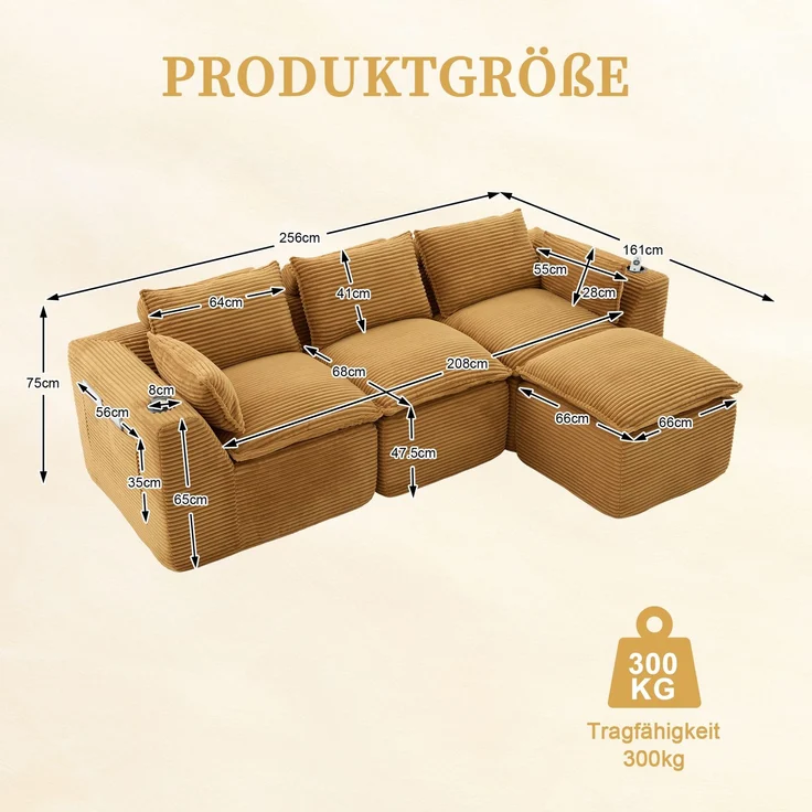Modulares 3-Sitzer Sofa mit Hocker, B 256 x T 161 x H 75 cm, aus orangefarbenem Cord – Bild 5