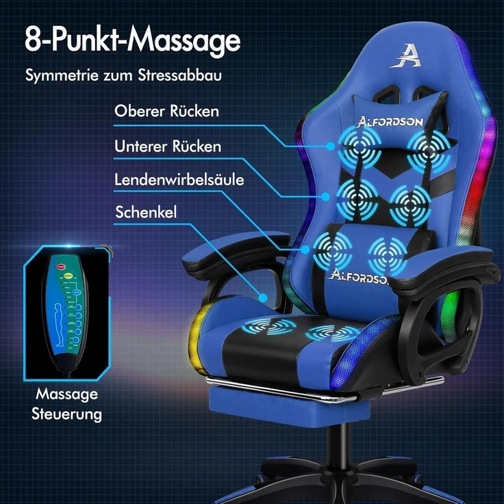 Racing Gaming Stuhl Massage Gamer 12 LED Farben RGB Beleuchtung Blau - ALFORDSON – Bild 4
