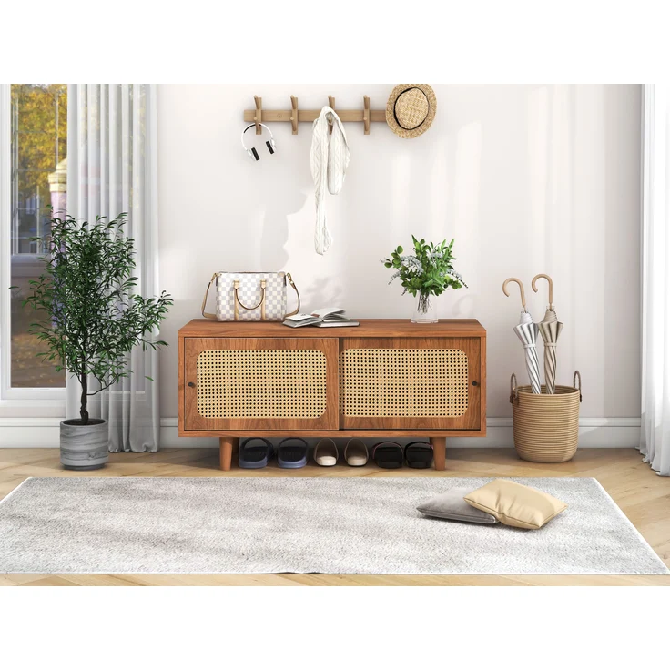Flurschrank, 104x40x48 cm, Walnuss-Schuhschrank mit Rattantüren & verstellbaren Böden – Bild 5