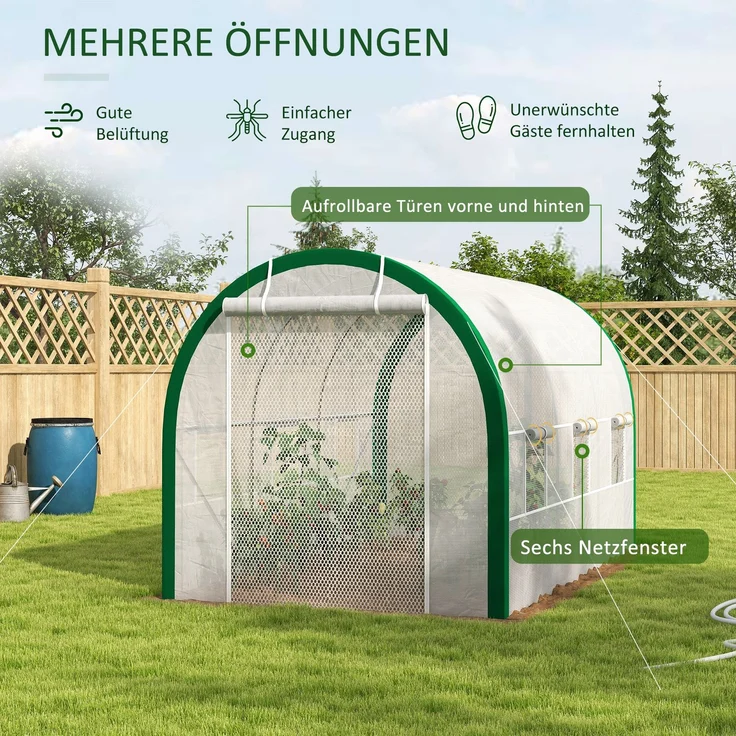 Wohnora-Foliengewächshaus 3,58 x 2,1 x 2,1 m Tunnelgewächshaus mit Rolltür für Garten & Balkon, verzinkter Stahl, weiß,H 210cm x T 358cm x B 210cm – Bild 3