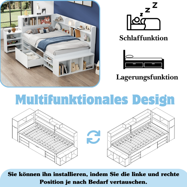 Merax Kinderbett mit Schubladen, Bücherregal & Stauschrank, mit Lattenrost, ohne Matratze, Plywood weiß, 90 x 200 cm – Bild 5
