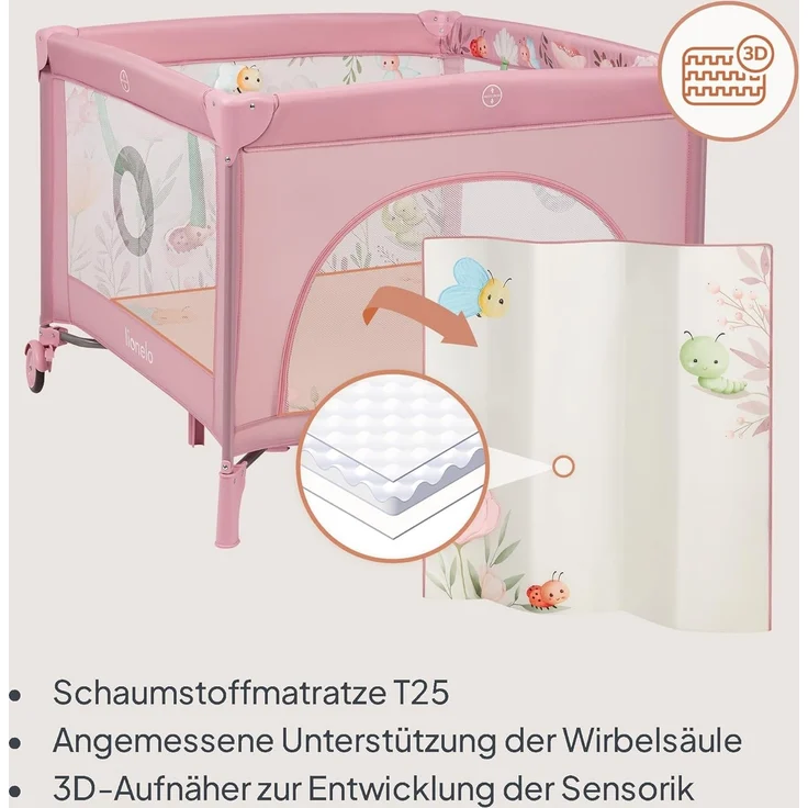 Lionelo Mille Plus 2-in-1 Reisebett und Laufgitter bis 15 kg 0-36 Monate, seitlicher Eingang, 3D-Matratze, 2 Räder mit Bremse für einfaches Zusammenklappen, Tragetasche – Bild 2