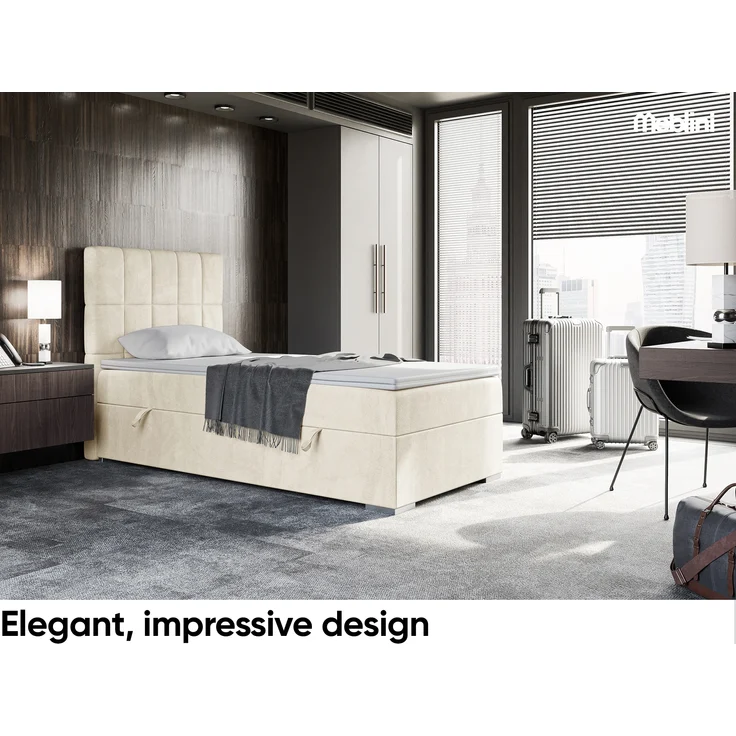 MEBLINI Boxspringbett LUKAS 100x200 cm mit Bettkasten - H3/Creme Samt Gepolstert Einzelbett mit Topper & Taschenfederkern-Matratze - 100x200 Links – Bild 2