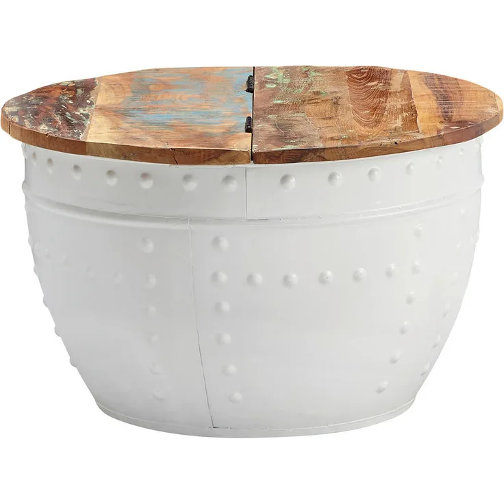 MID.YOU Couchtisch, rund, aus massivem Mangoholz, braun/weiß, 60x36x60 cm, mit Stauraum