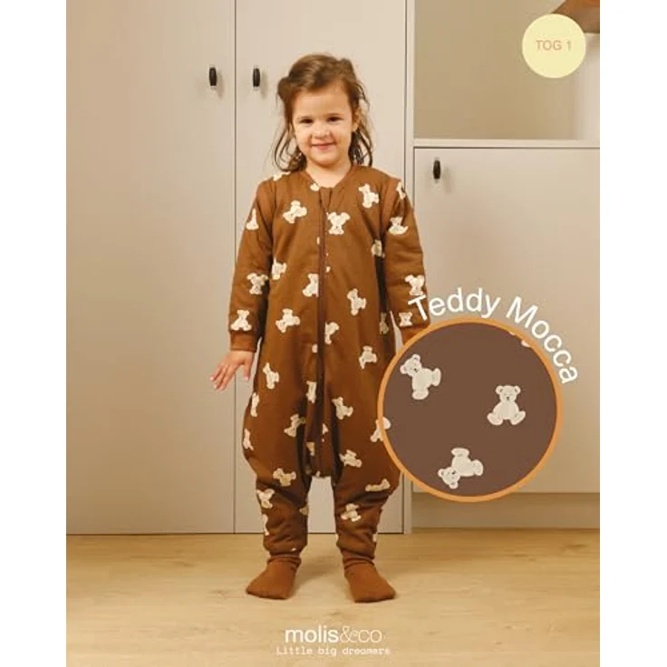 molis&co - Baby Schlafsack mit Füßen, abnehmbare Ärmel und Socken - Babyschlafsack 1 tog - Leicht gepolstert - 100% Baumwolle (Oeko-TEX 100), Premium Qualität - Teddy Mocca (80 cm) – Bild 5