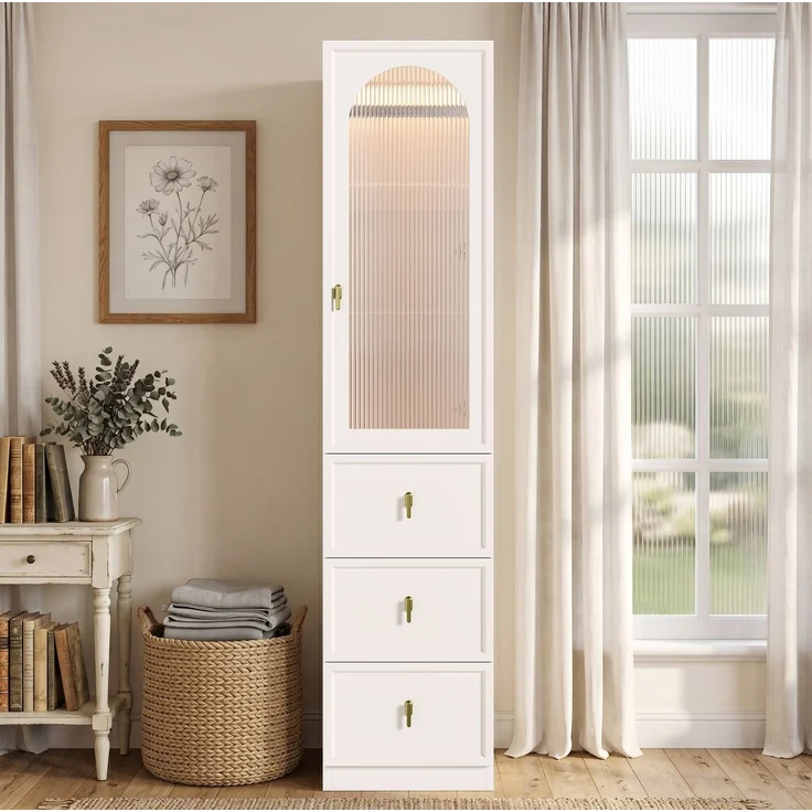 Kleiderschrank mit LED-Licht, Riffelglastür & 3 Schubladen, 45x48x200 cm, Weiß – Bild 3