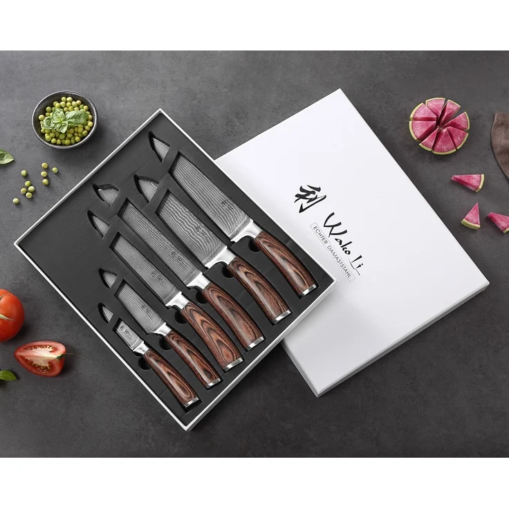 Wakoli Messer-Set Edib 6er Damastmesserset I Küchenmesser Kochmesser I 8 - 20 cm Klingen (Damastmesser mit Geschenkbox, 6-tlg, 6er Damastmesser-Set mit Geschenkbox), 67 Lagen Damaststahl, VG-10 Stahlkern – Bild 3